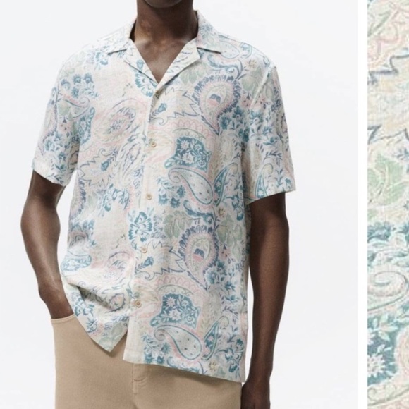 Zara men boho paisley printed linen blend button down shirt - Picture 1 of 6